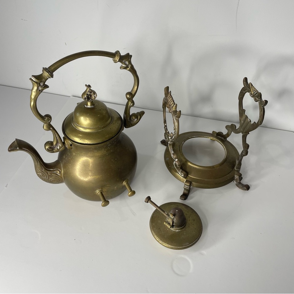 Vintage Brass Tipping Teapot with Stand & Burner India Tea Set Warmer 13” Tall - Picture 5 of 12